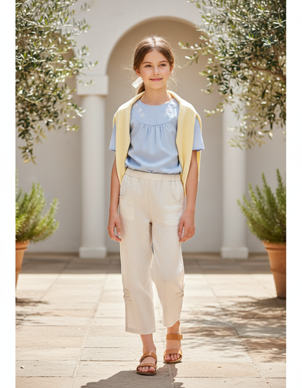 Pantalon En Lin Écru Ample Fille Détail Boutons - Beige