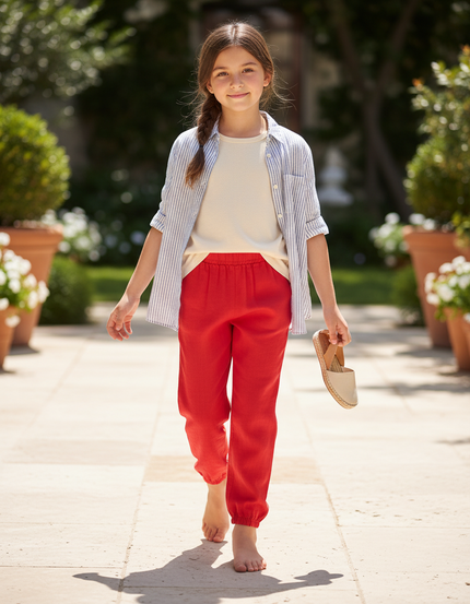 Pantalon En Lin Rouge Enfant Ample Fluide Léger