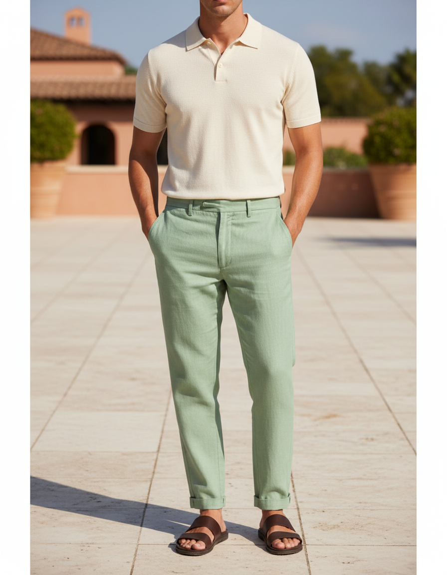 Pantalon En Lin Vert Menthe Droit Homme Décontracté