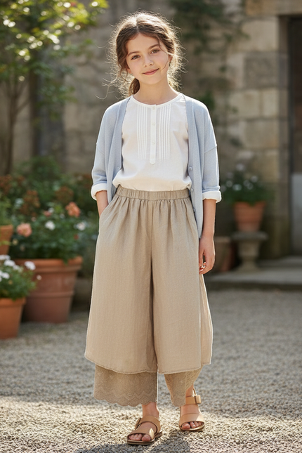 Pantalon En Lin Beige Ample Plissé Dentelle Fille