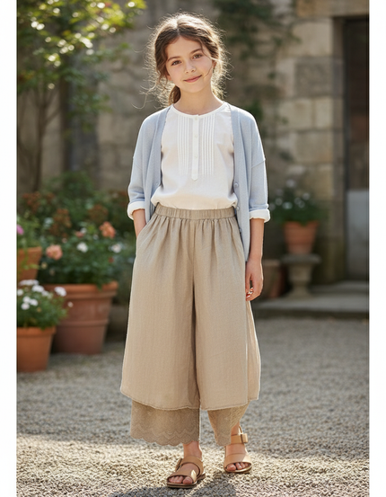 Pantalon En Lin Beige Ample Plissé Dentelle Fille