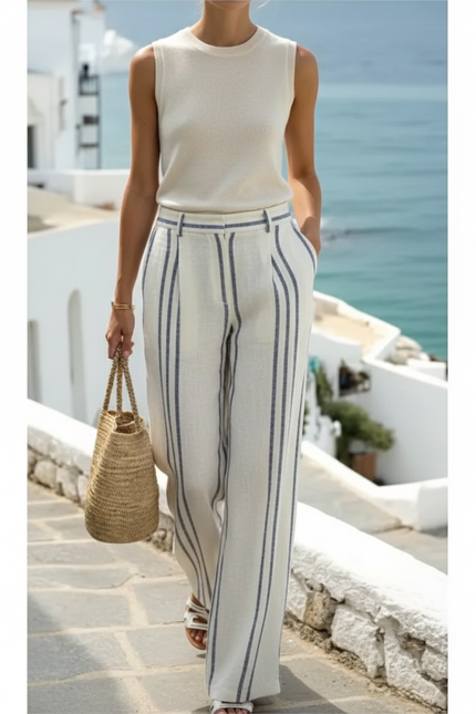 Pantalon En Lin Rayé Ample Fluide Décontracté - Beige