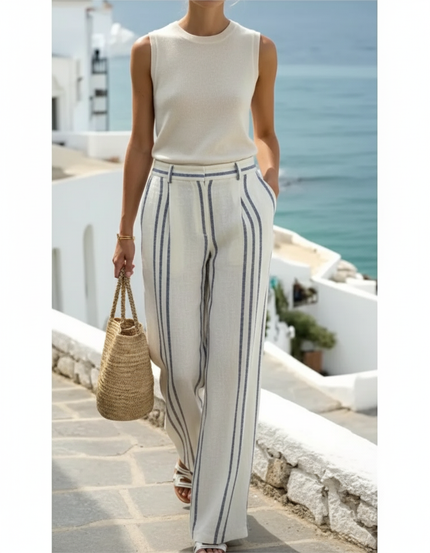 Pantalon En Lin Rayé Ample Fluide Décontracté - Beige