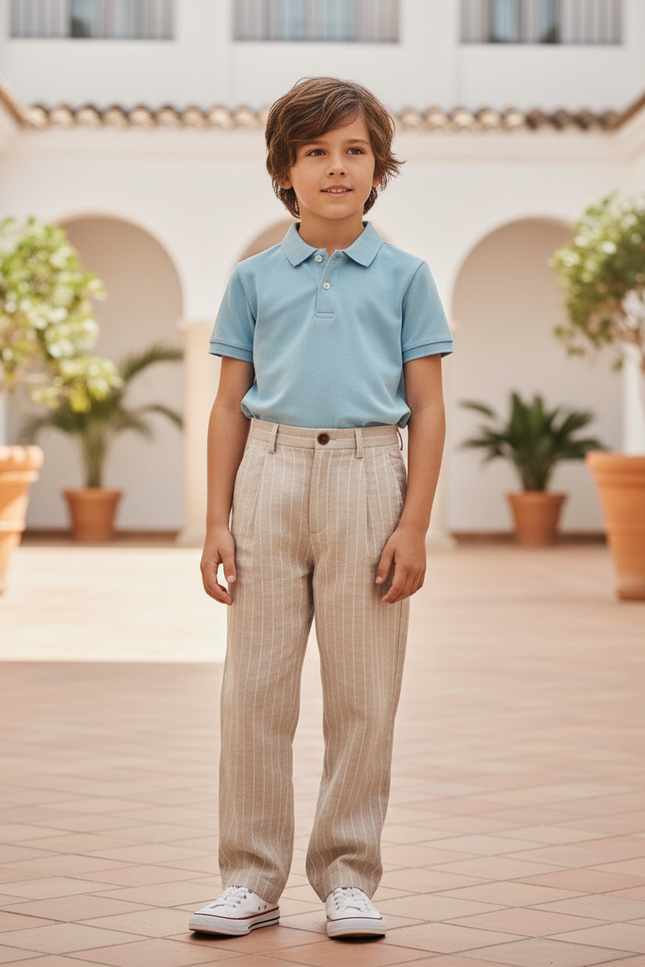 Pantalon En Lin Beige Rayé Droit Décontracté Enfant