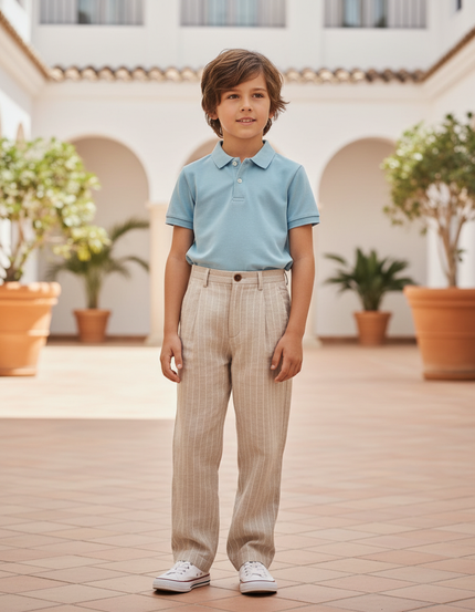 Pantalon En Lin Beige Rayé Droit Décontracté Enfant