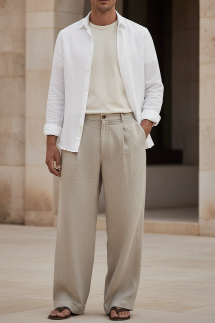 Pantalon En Lin Beige Ample Plissé Homme Élégant
