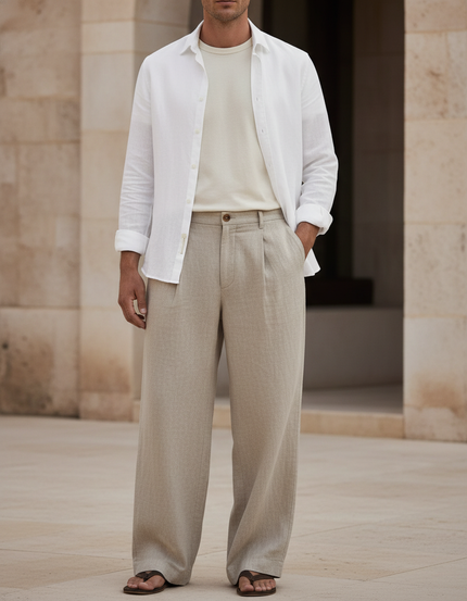 Pantalon En Lin Beige Ample Plissé Homme Élégant
