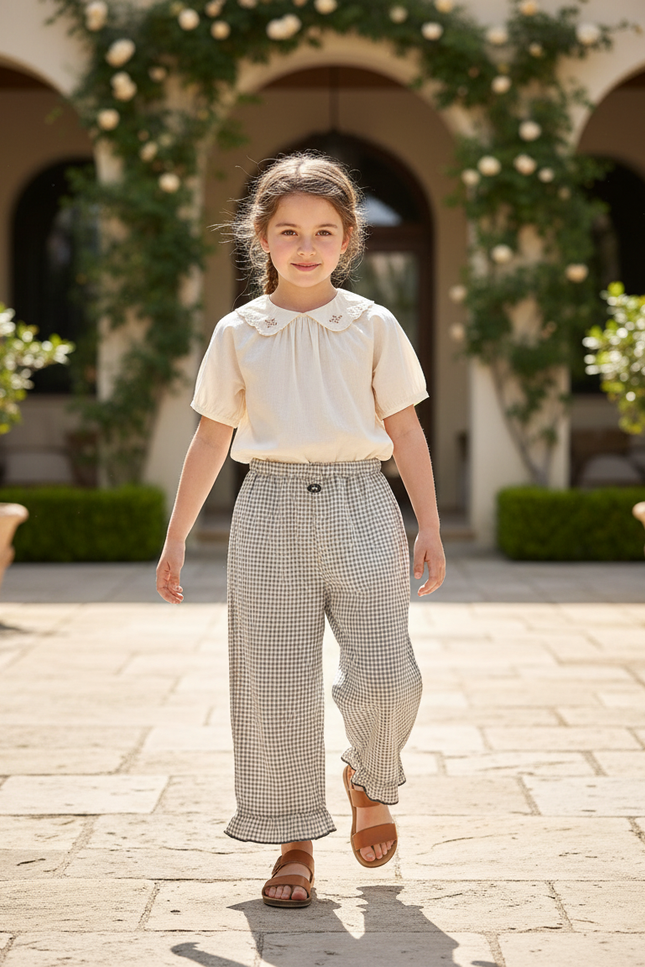 Pantalon En Lin Carreaux Ample Volants Fille - Imprimé