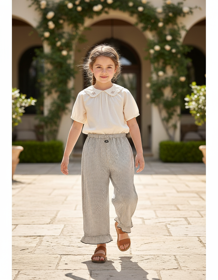 Pantalon En Lin Carreaux Ample Volants Fille - Imprimé