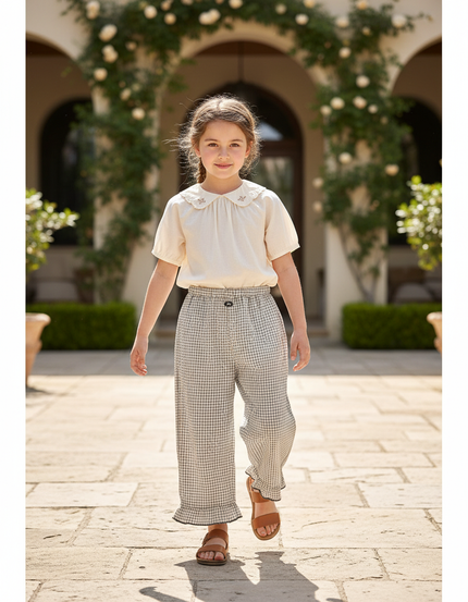 Pantalon En Lin Carreaux Ample Volants Fille - Imprimé