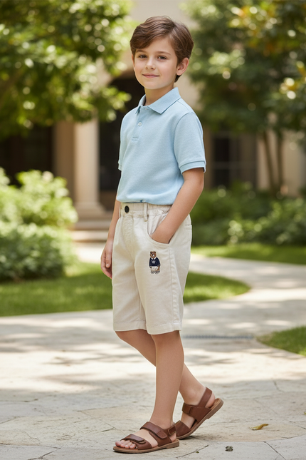 Pantalon En Lin Beige Brodé Ours Enfant Décontracté