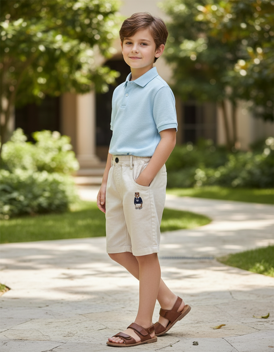 Pantalon En Lin Beige Brodé Ours Enfant Décontracté
