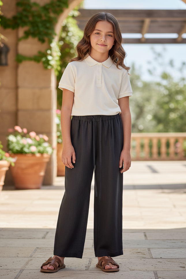 Pantalon En Lin Gris Ample Décontracté Cordon Enfant