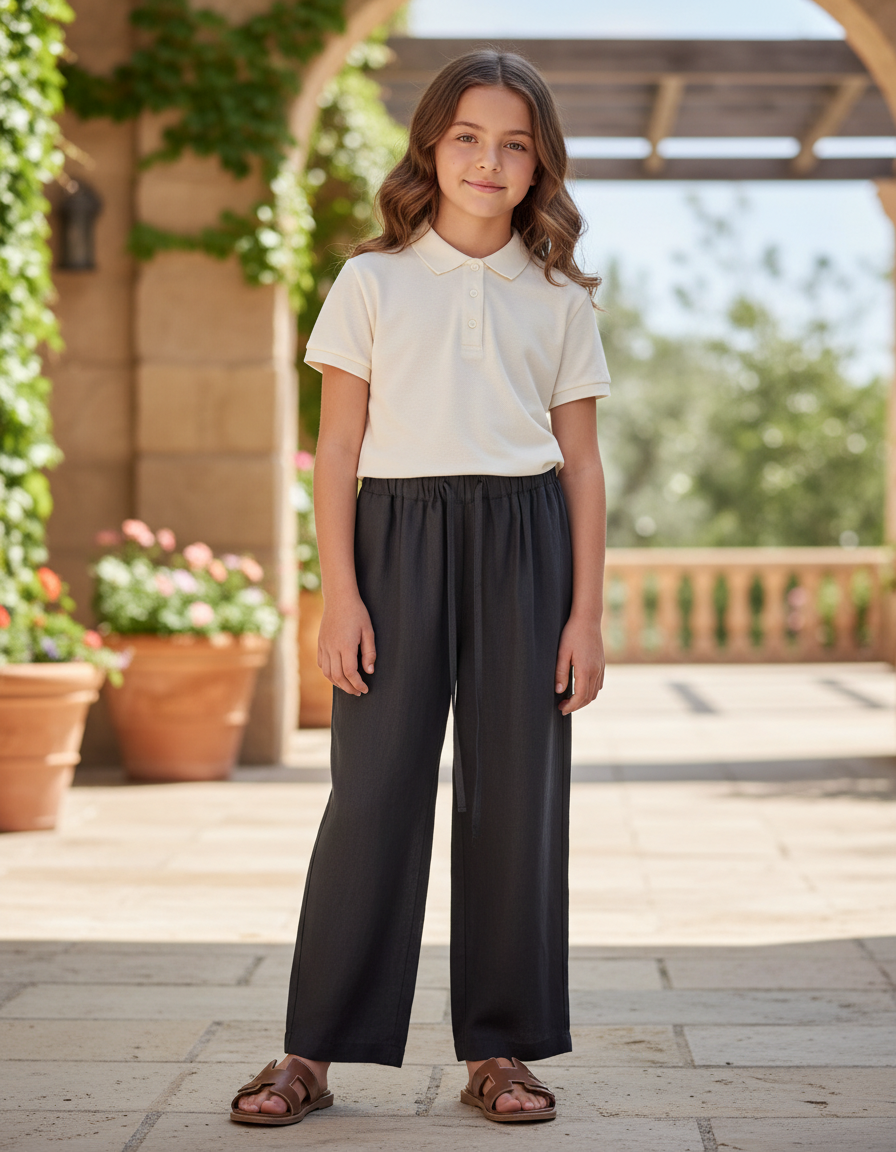 Pantalon En Lin Gris Ample Décontracté Cordon Enfant