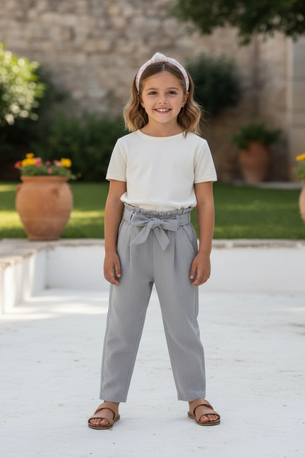 Pantalon En Lin Gris Fluide Fille Élégant Décontracté