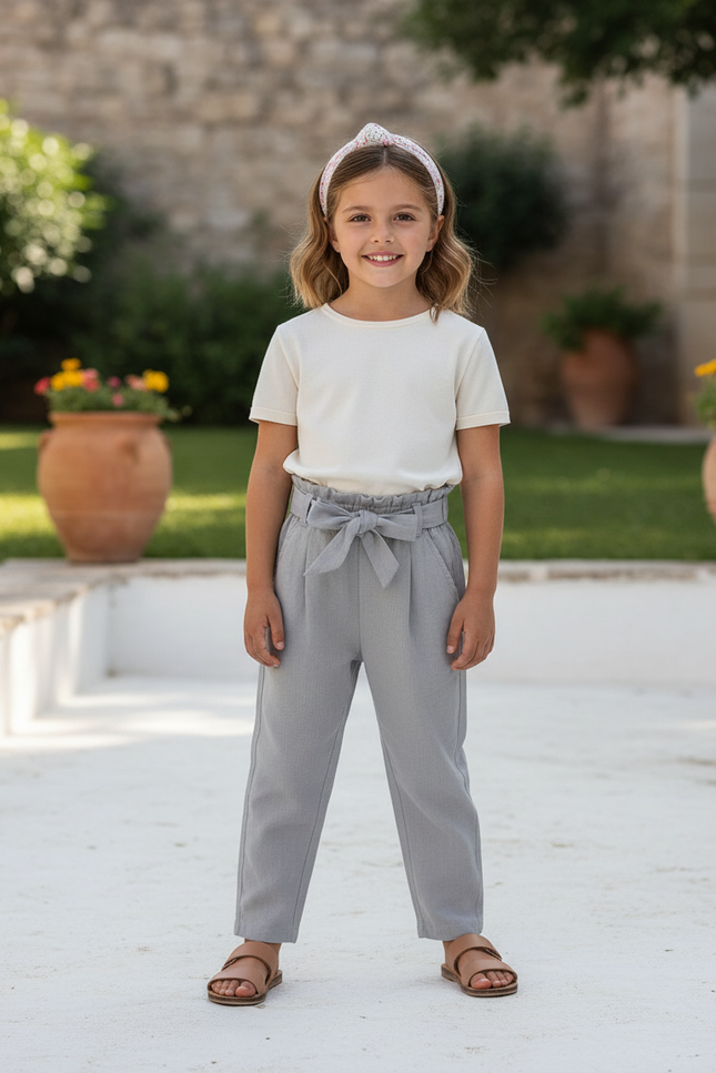 Pantalon En Lin Gris Fluide Fille Élégant Décontracté