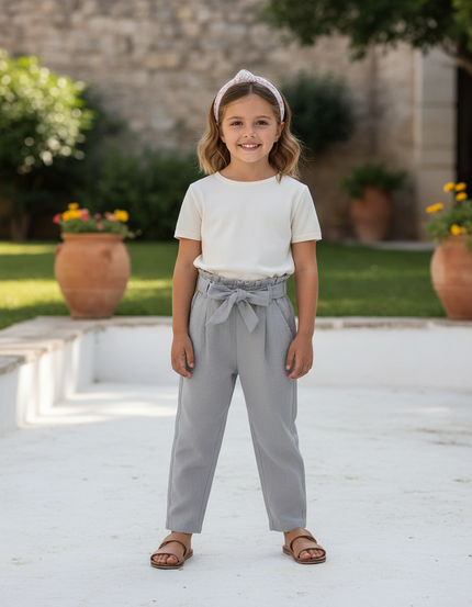 Pantalon En Lin Gris Fluide Fille Élégant Décontracté