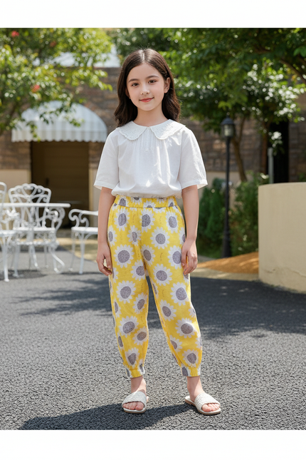 Pantalon En Lin Jaune Tournesols Fille Ample Estival