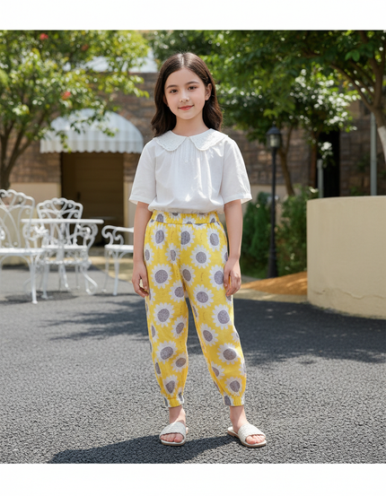 Pantalon En Lin Jaune Tournesols Fille Ample Estival