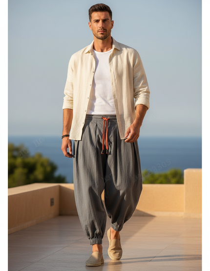 Pantalon En Lin Gris Ample Décontracté Cordon Léger