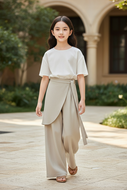 Pantalon En Lin Beige Ample Drapé Élégant Ceinture