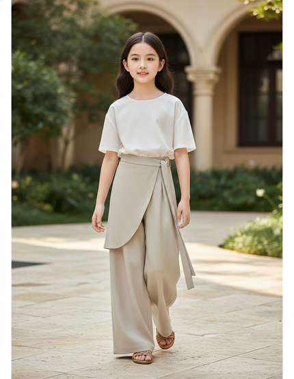 Pantalon En Lin Beige Ample Drapé Élégant Ceinture