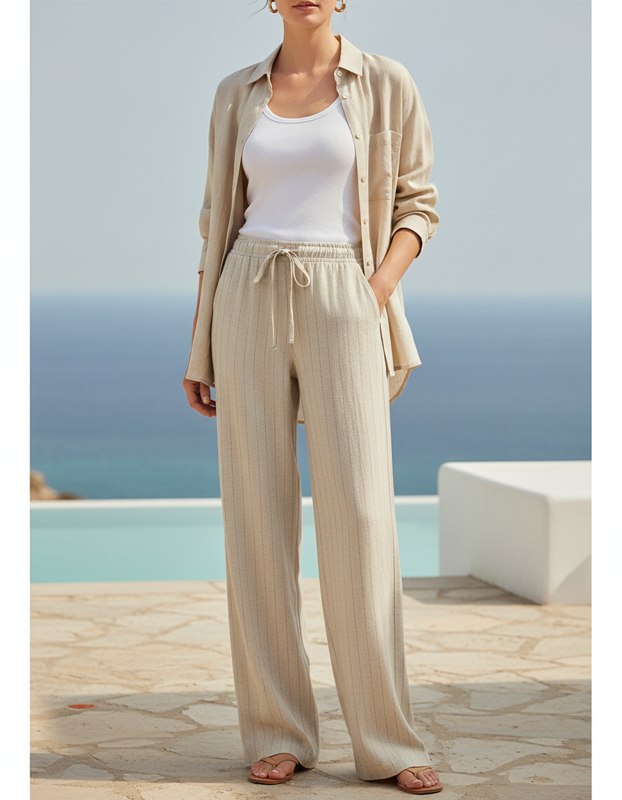 Pantalon Lin Rayé Femme - Beige