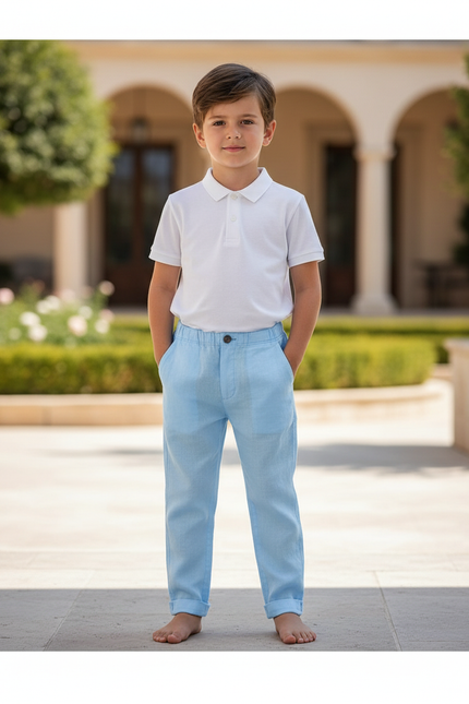 Pantalon En Lin Bleu Ciel Garçon Droit Décontracté Léger
