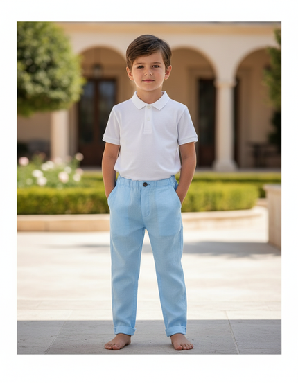 Pantalon En Lin Bleu Ciel Garçon Droit Décontracté Léger