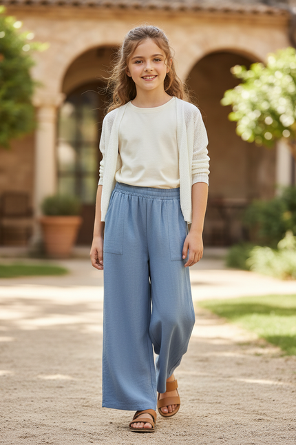 Pantalon En Lin Bleu Ample Fluide Fille