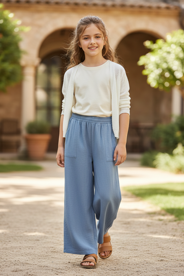 Pantalon En Lin Bleu Ample Fluide Fille