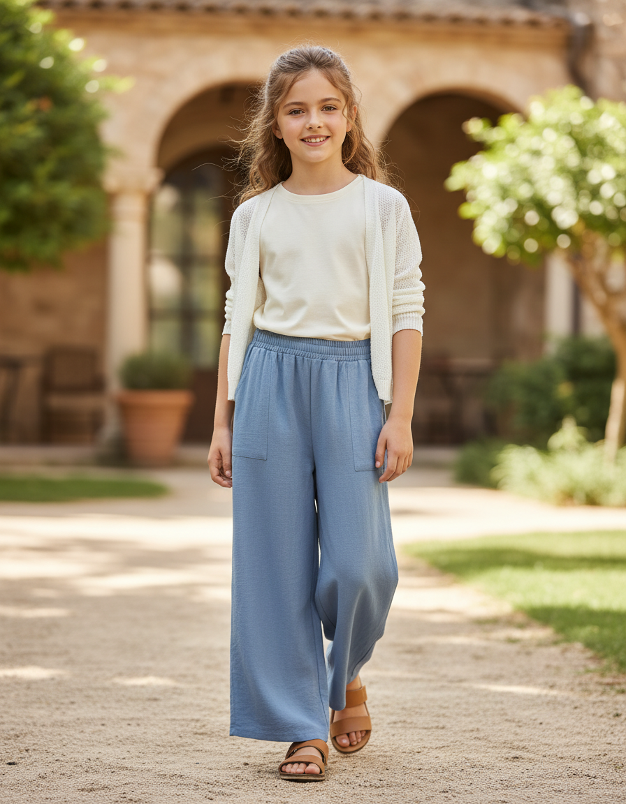 Pantalon En Lin Bleu Ample Fluide Fille