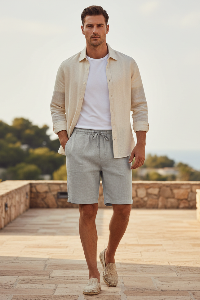 Pantalon En Lin Gris Clair Cordon Décontracté Homme