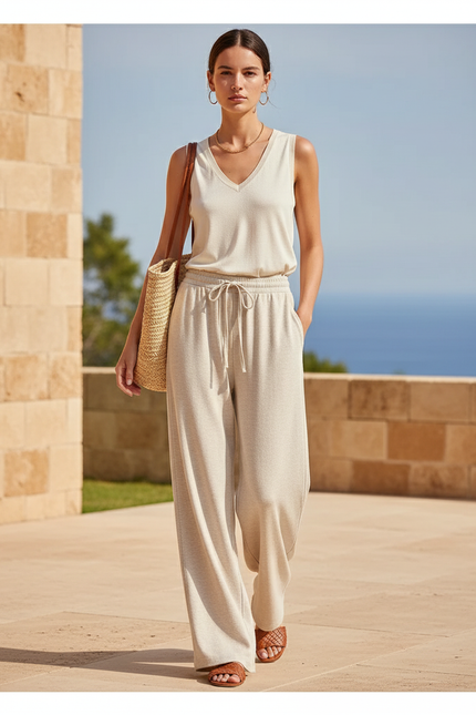 Pantalon En Lin Ample Cordon Beige Décontracté
