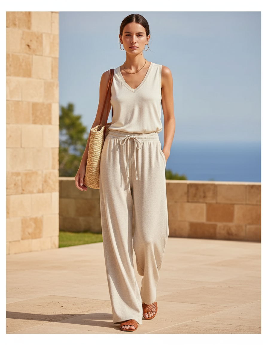 Pantalon En Lin Ample Cordon Beige Décontracté