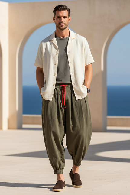 Pantalon En Lin Kaki Ample Cordon Homme Estival