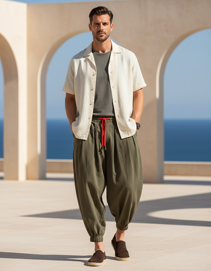 Pantalon En Lin Kaki Ample Cordon Homme Estival