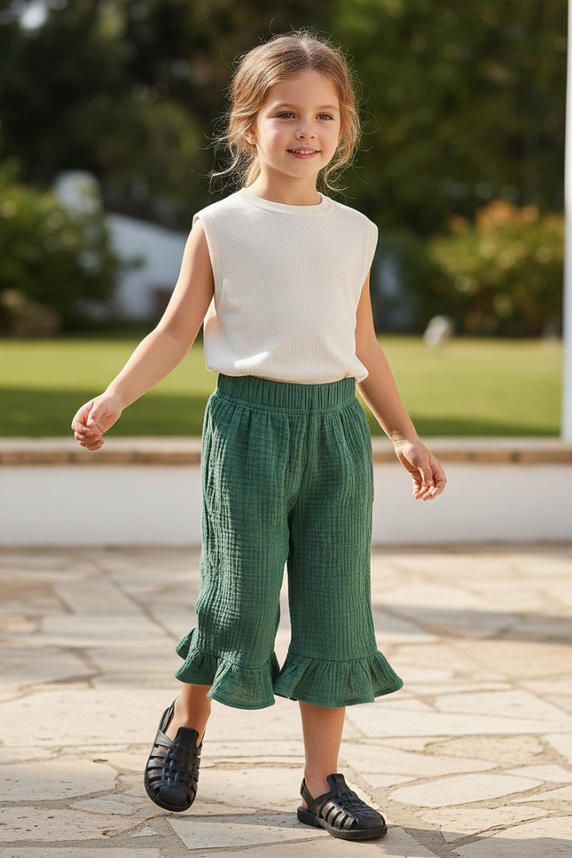 Pantalon En Lin Vert Ample Volants Fille Coton