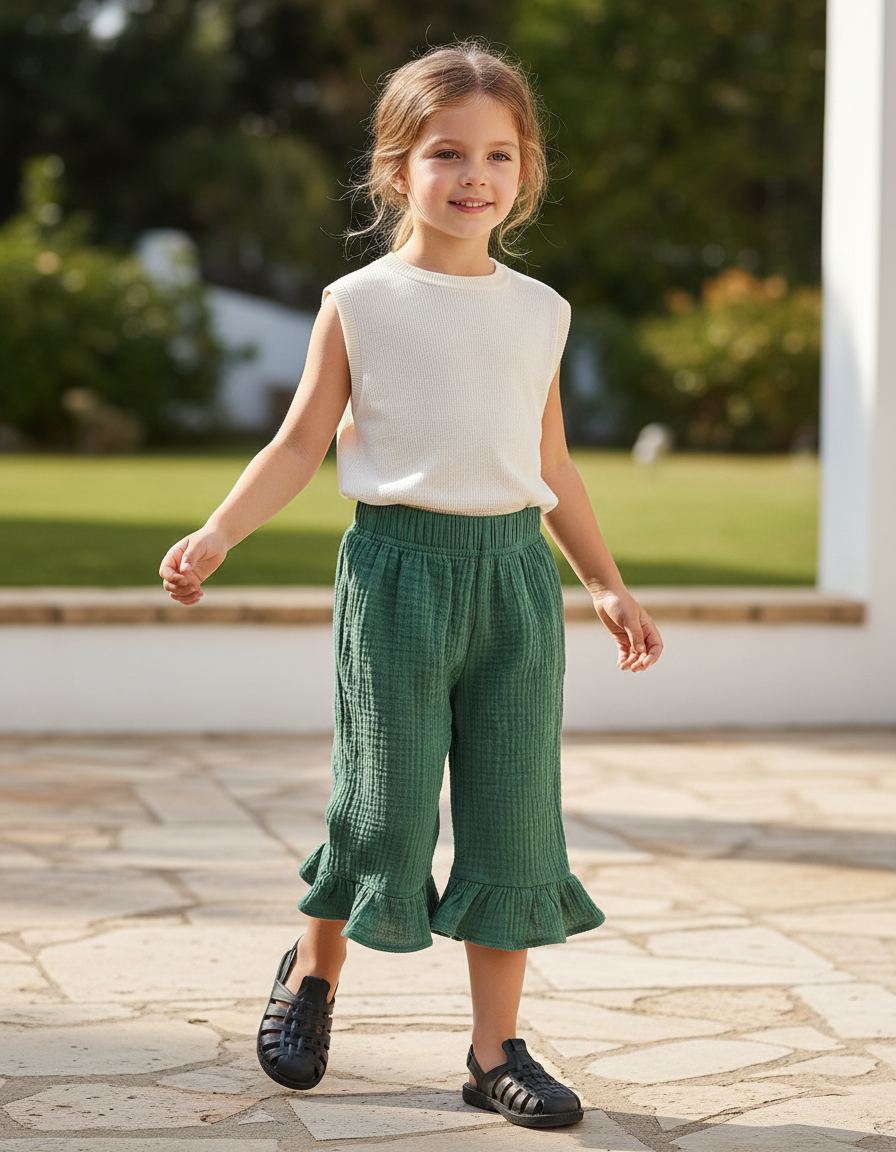Pantalon En Lin Vert Ample Volants Fille Coton