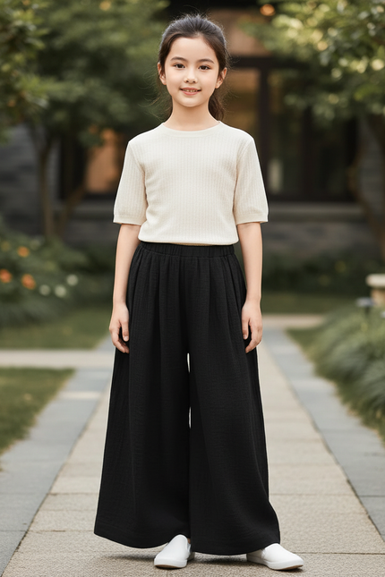 Pantalon En Lin Noir Ample Fluide Confortable Fille