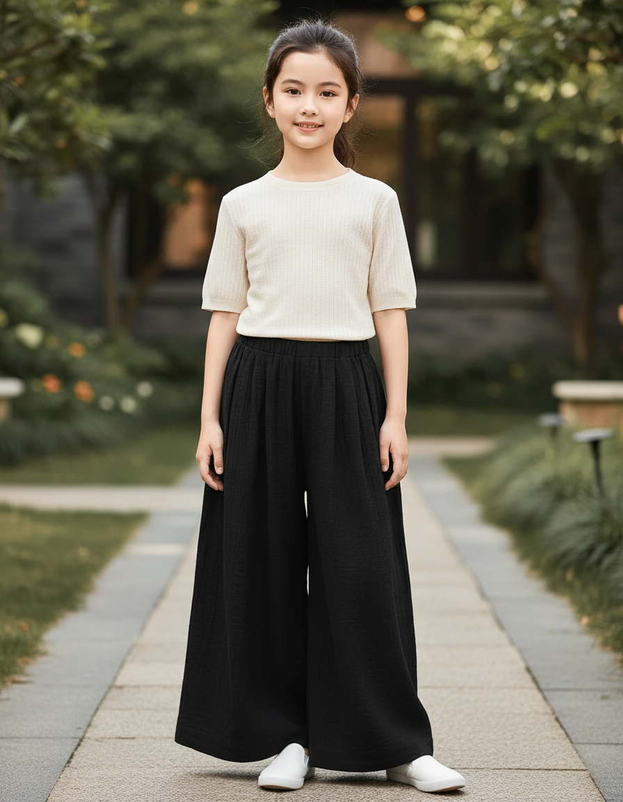 Pantalon En Lin Noir Ample Fluide Confortable Fille
