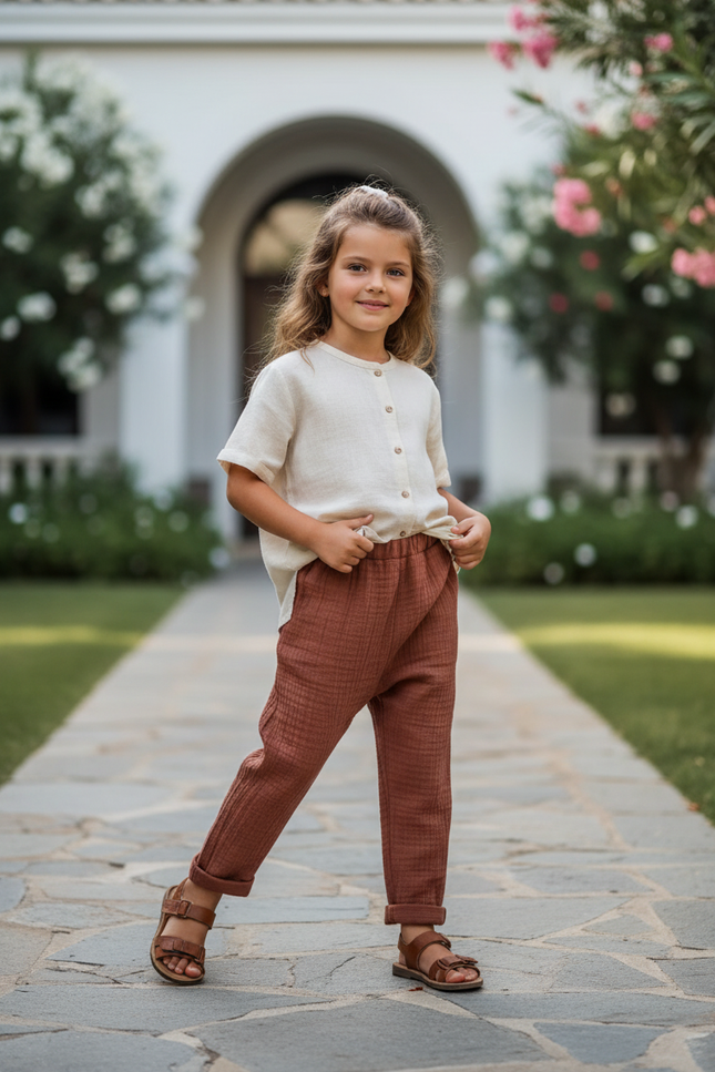 Pantalon En Lin Gaze Rustique Ample Enfant - Marron