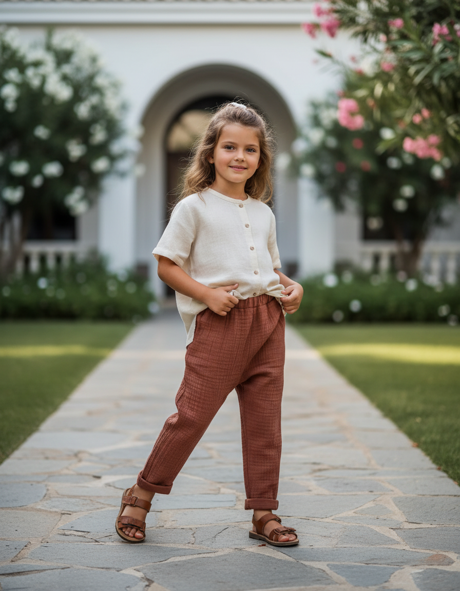 Pantalon En Lin Gaze Rustique Ample Enfant - Marron