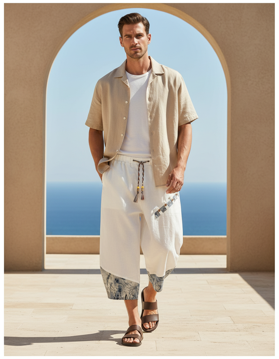 Pantalon En Lin Harem Blanc Patchwork Décontracté Homme