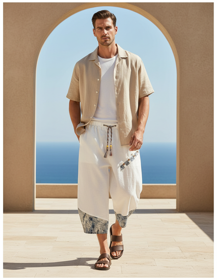 Pantalon En Lin Harem Blanc Patchwork Décontracté Homme
