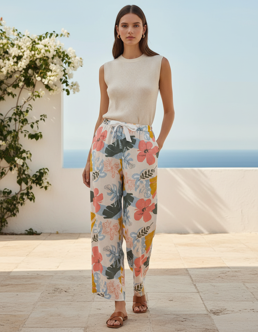 Pantalon En Lin Fleuri Ample Fluide Estival Imprimé