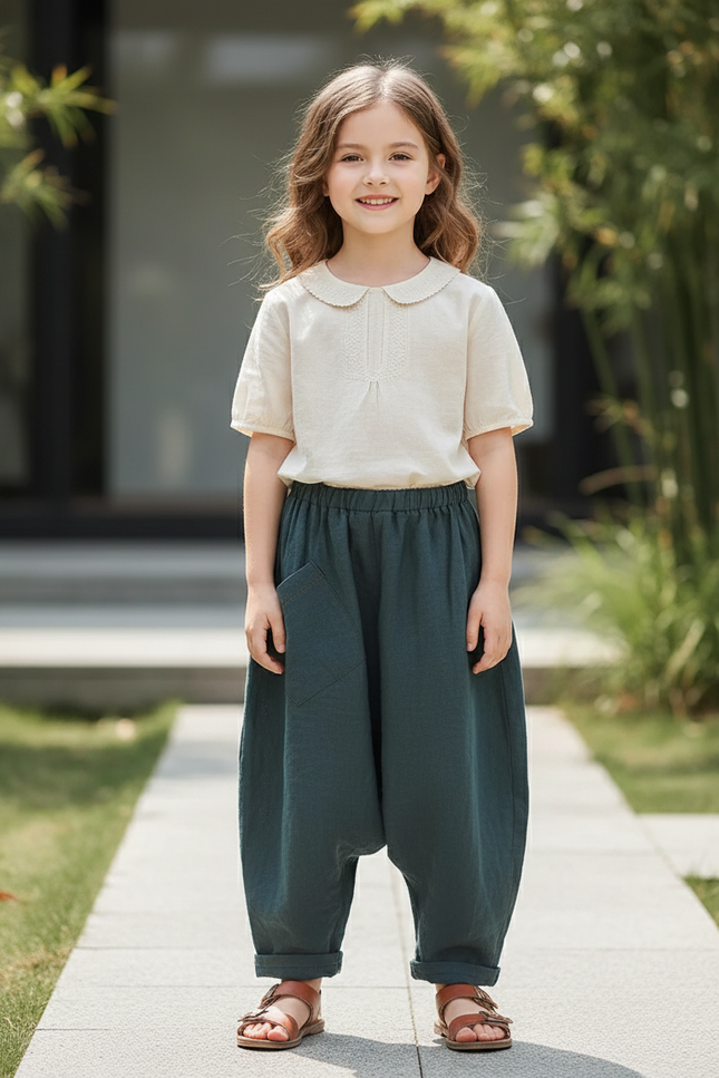 Pantalon En Lin Vert Ample Vintage Harem