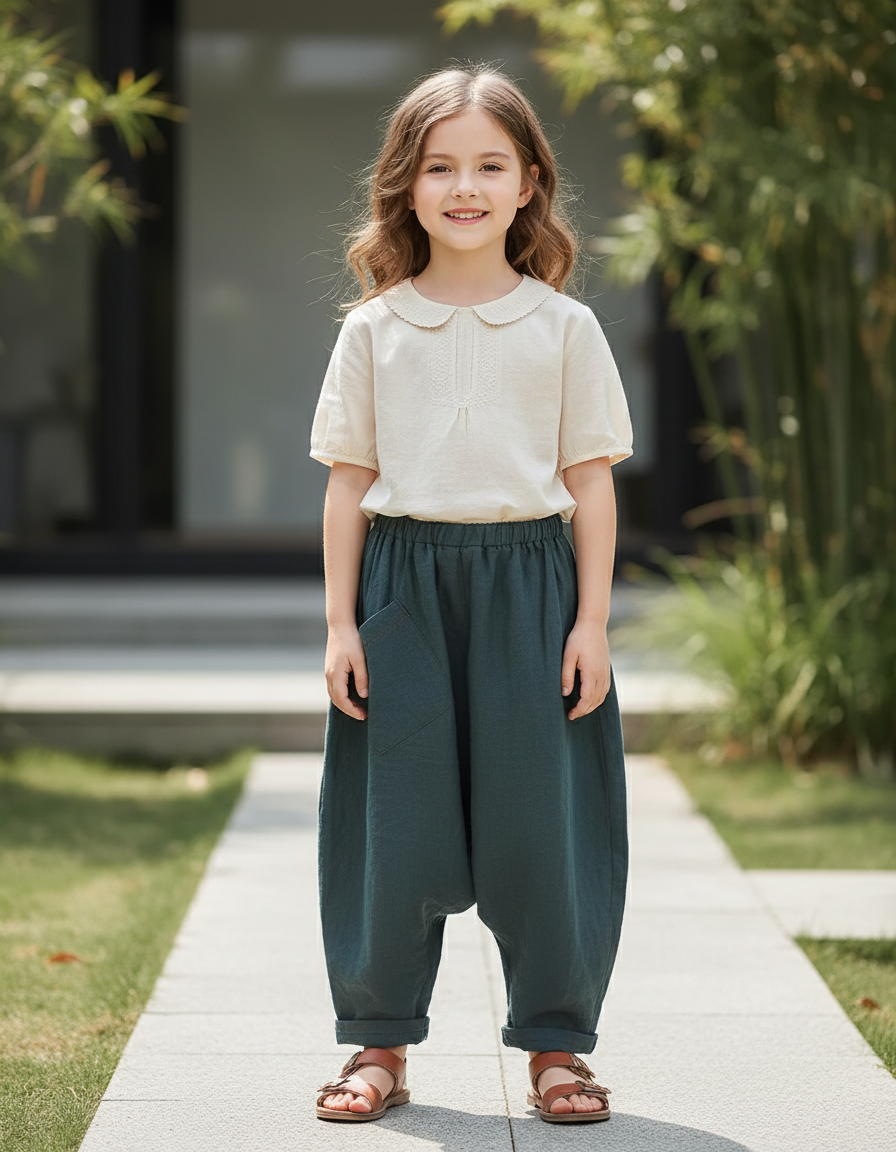 Pantalon En Lin Vert Ample Vintage Harem