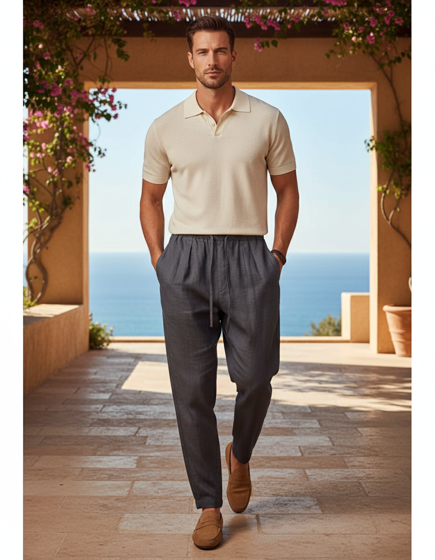 Pantalon En Lin Gris Anthracite Ample Décontracté Homme