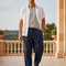 Pantalon En Lin Homme Ample Bleu Marine Cordon Décontracté